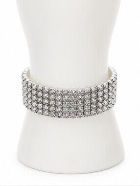 💎Silver Tone 5 Row Clear Rhinestone Stretch Cuff Bracelet Wide Statement Glam